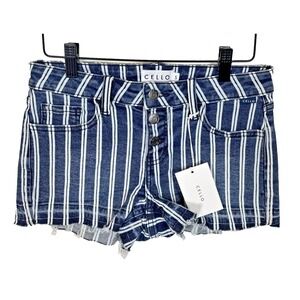 Cello Denim Shorts Womens Sz S Blue White Striped Raw Hem Button Fly 2.5" Inseam
